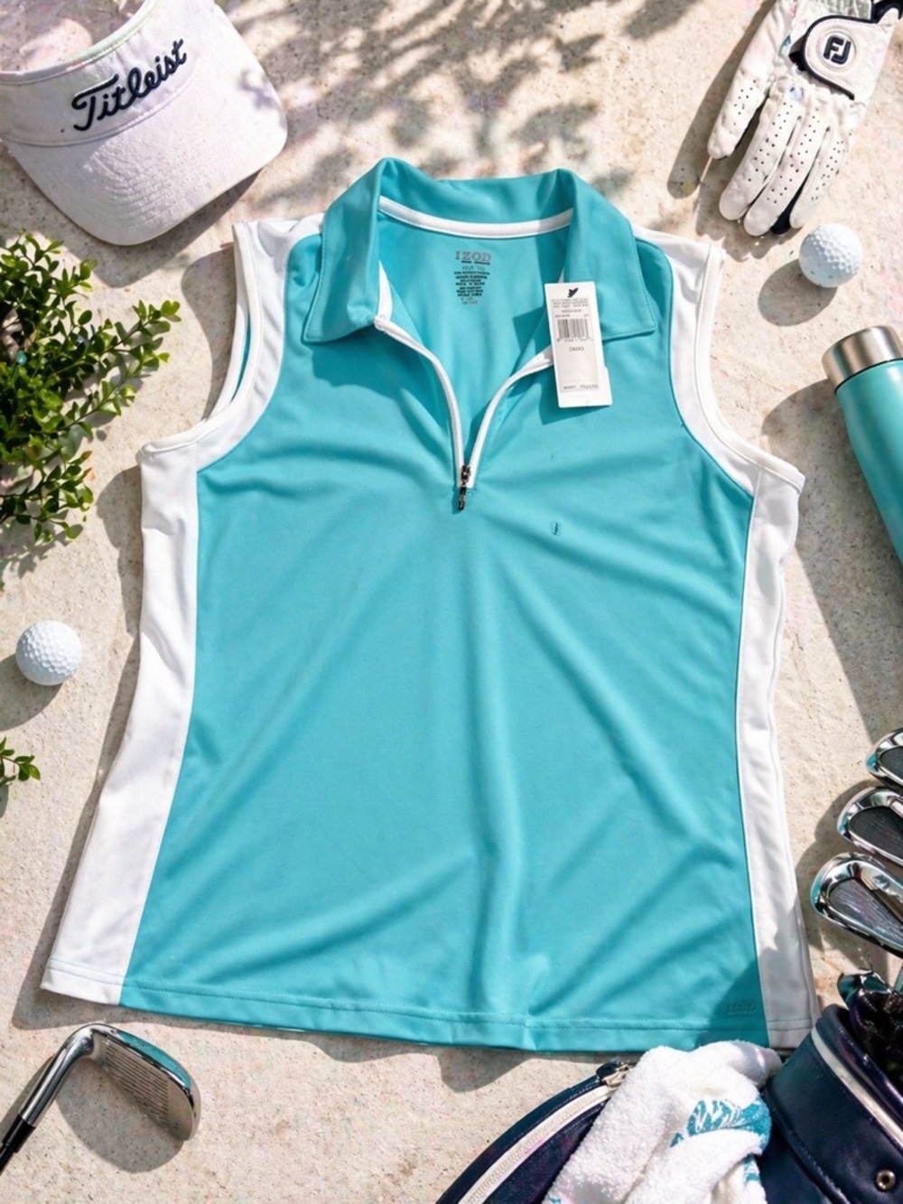 IZOD Golf Classix Cool-FX Sleeveless Quarter Zip Top Aqua Large NWT Tenniscore